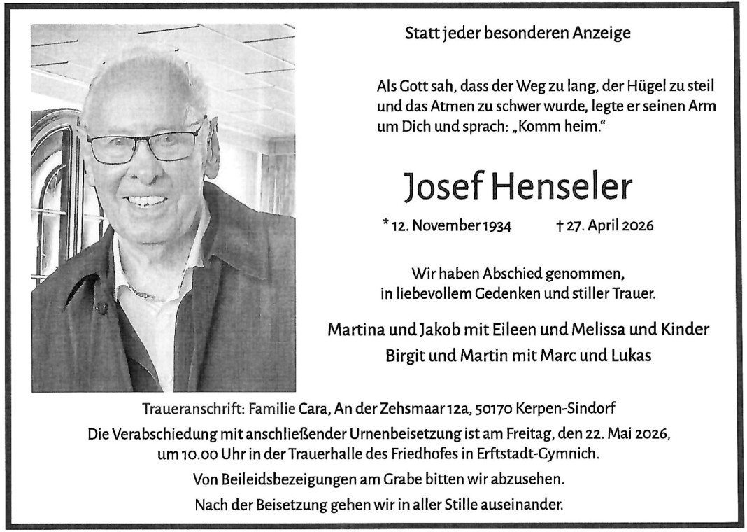 Traueranzeige Josef Henseler